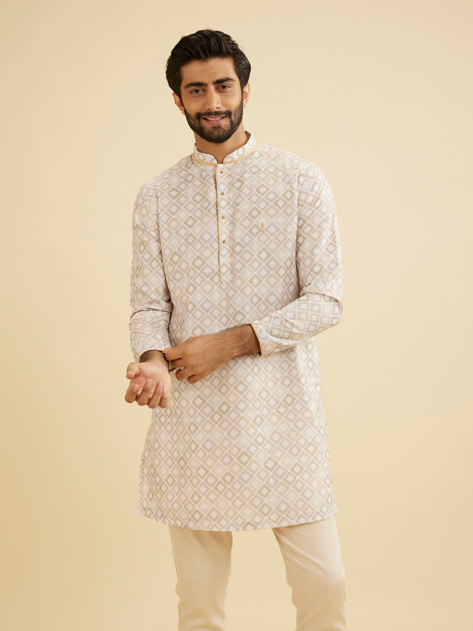 Manyavar Men Cream Blended Cotton Kurta