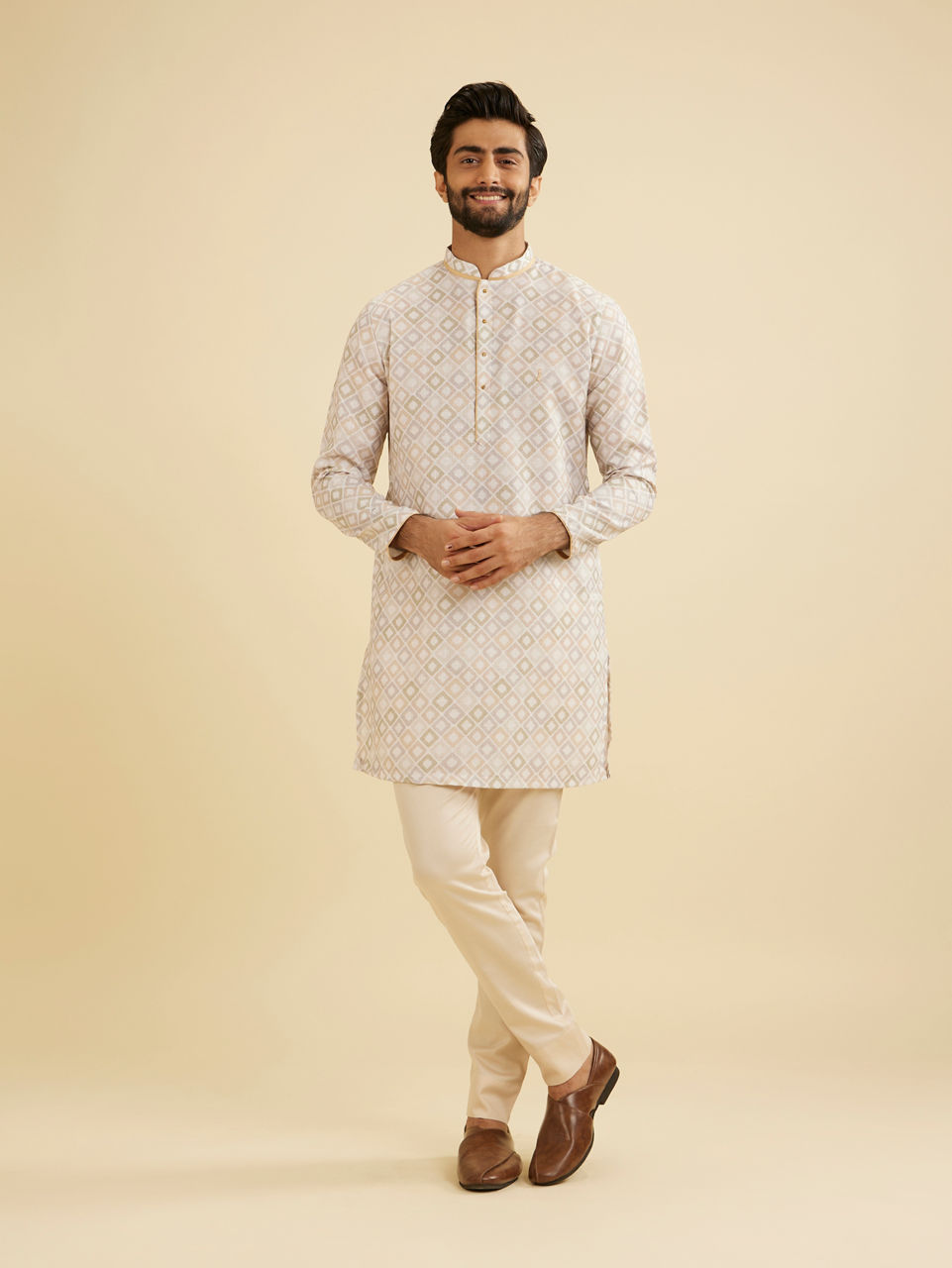 Manyavar Men Cream Blended Cotton Kurta