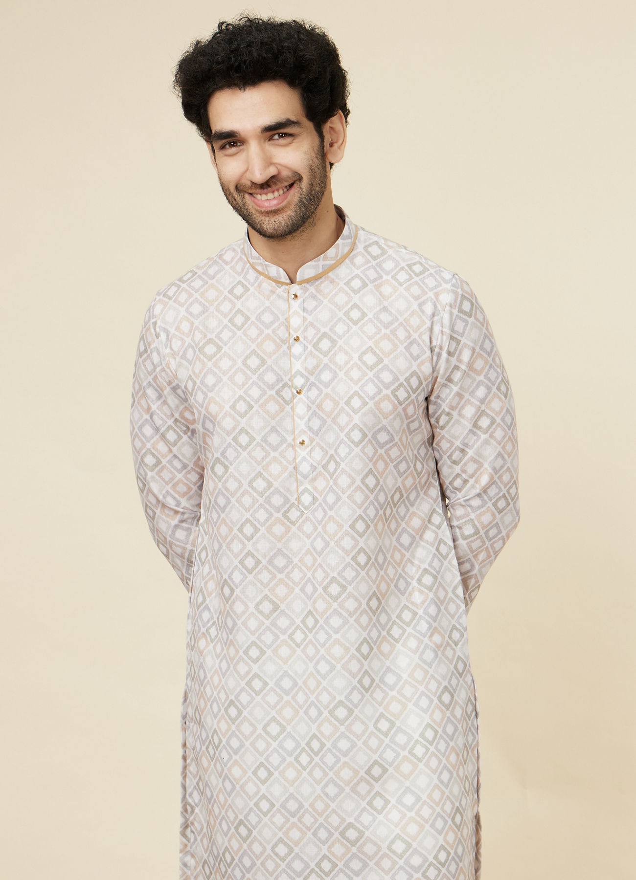 Manyavar Men Ivory Cream Geometric Patterned Kurta