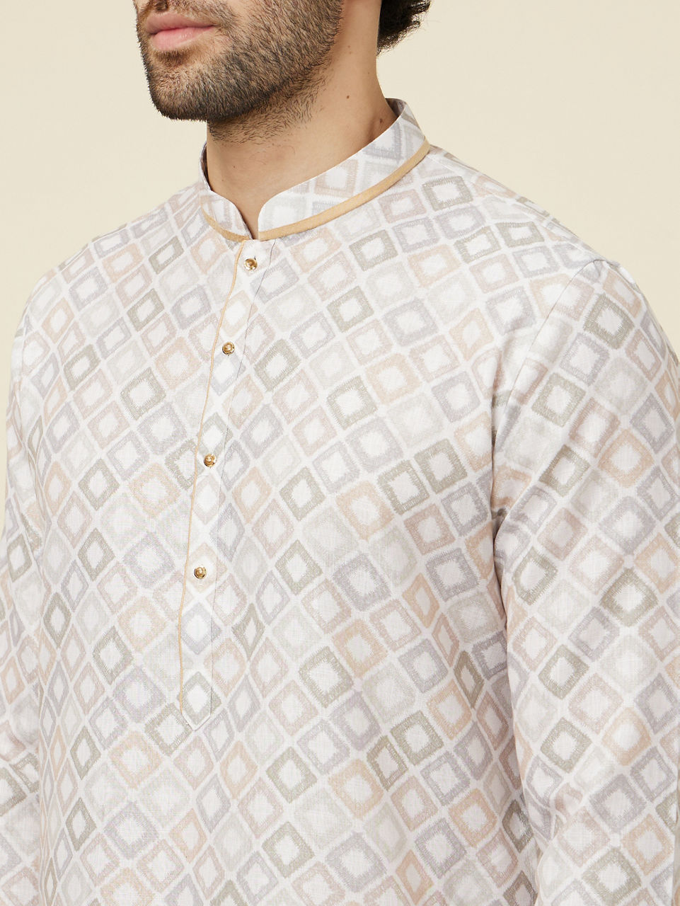 Manyavar Men Ivory Cream Geometric Patterned Kurta