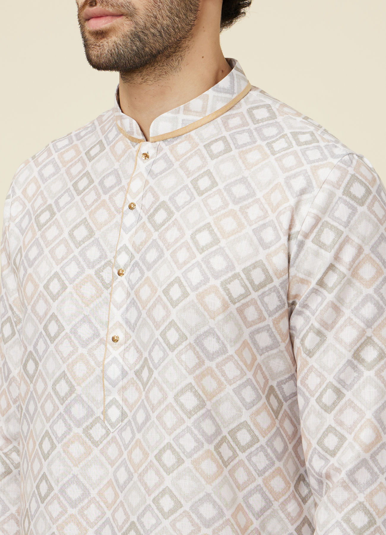 Manyavar Men Ivory Cream Geometric Patterned Kurta