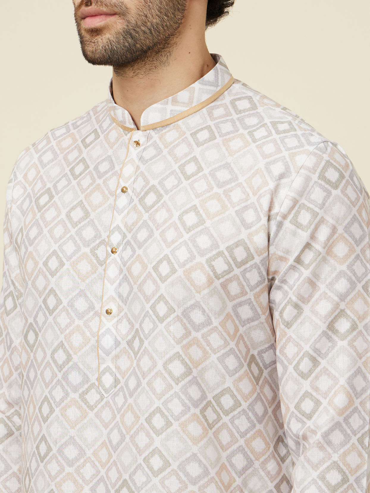 Manyavar Men Ivory Cream Geometric Patterned Kurta