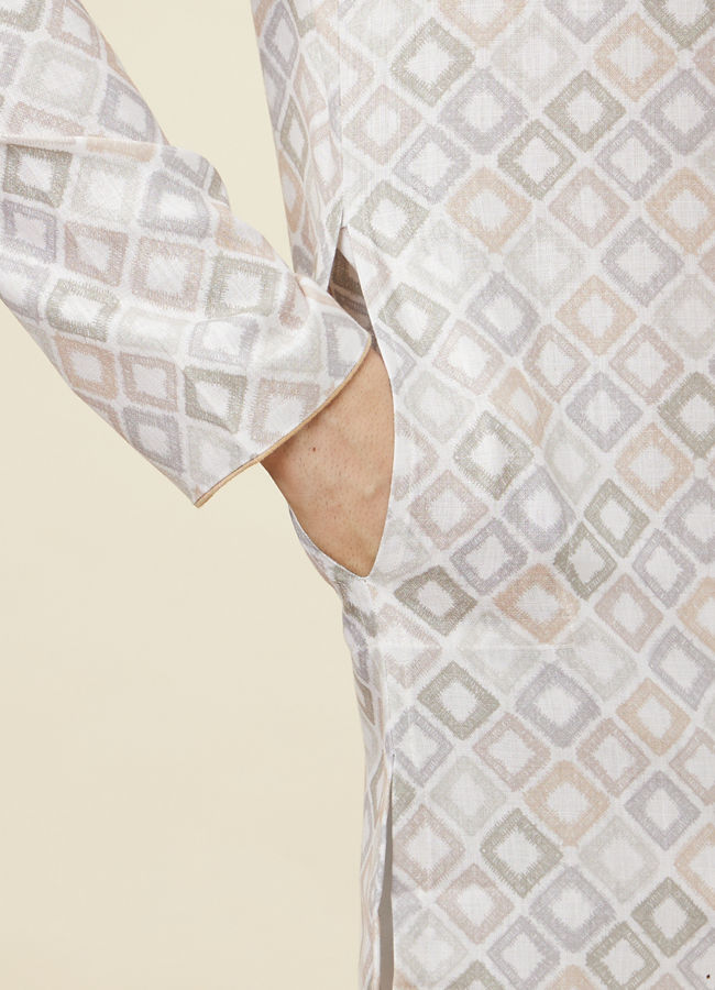 Manyavar Men Ivory Cream Geometric Patterned Kurta