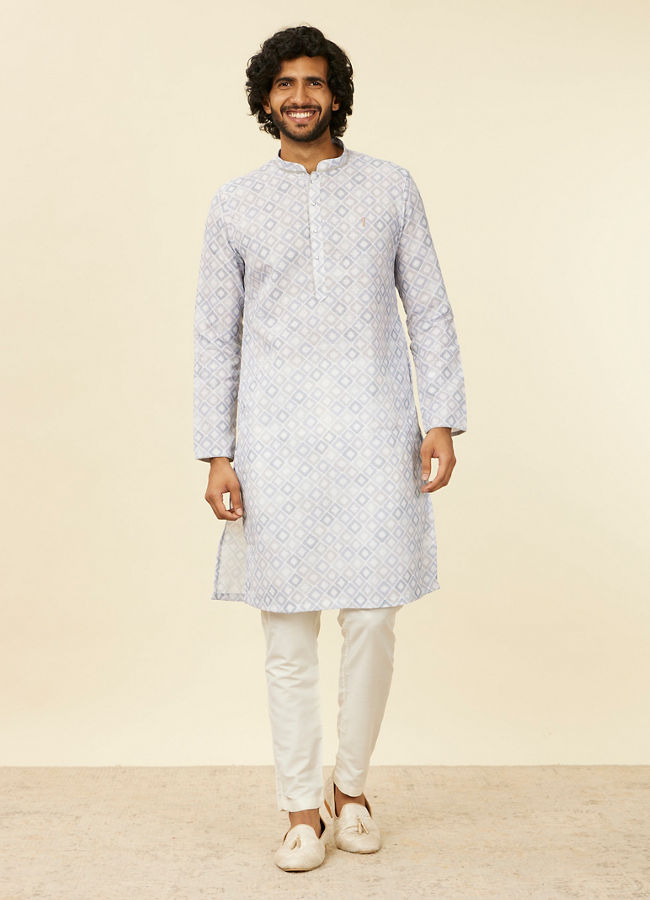 alt message - Manyavar Men Light Grey Geometric Patterned Angrakha Style Kurta image number 2