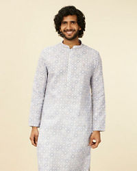 Manyavar Men Light Grey Geometric Patterned Angrakha Style Kurta