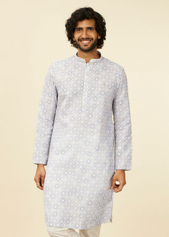 Manyavar Men Light Grey Geometric Patterned Angrakha Style Kurta