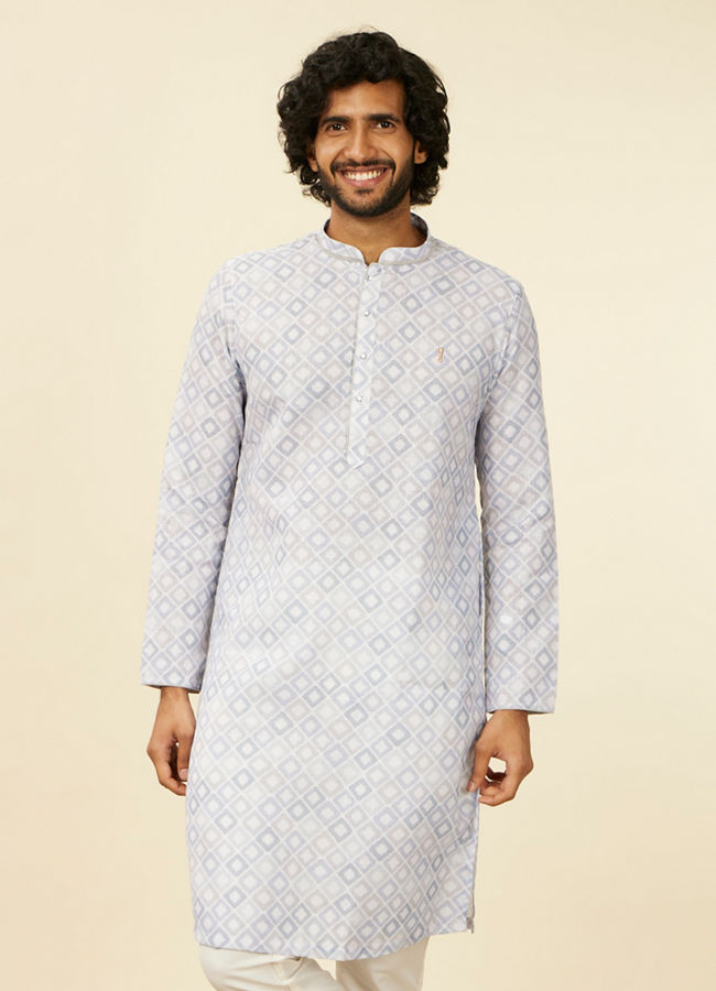 alt message - Manyavar Men Light Grey Geometric Patterned Angrakha Style Kurta image number 0