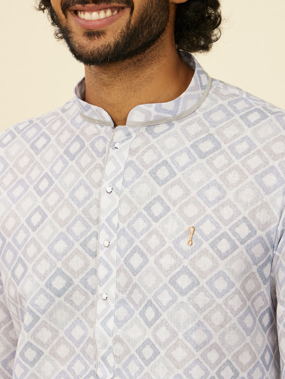 Manyavar Men Light Grey Geometric Patterned Angrakha Style Kurta