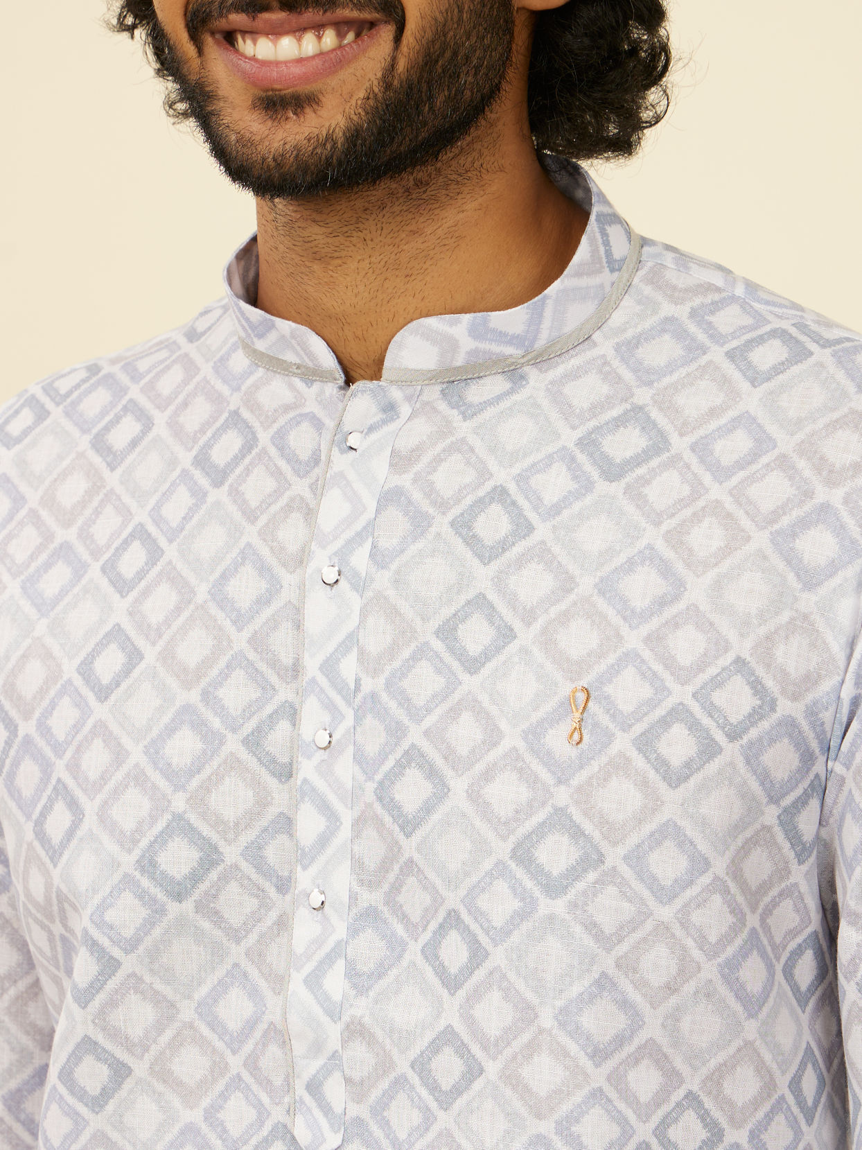 Manyavar Men Light Grey Geometric Patterned Angrakha Style Kurta