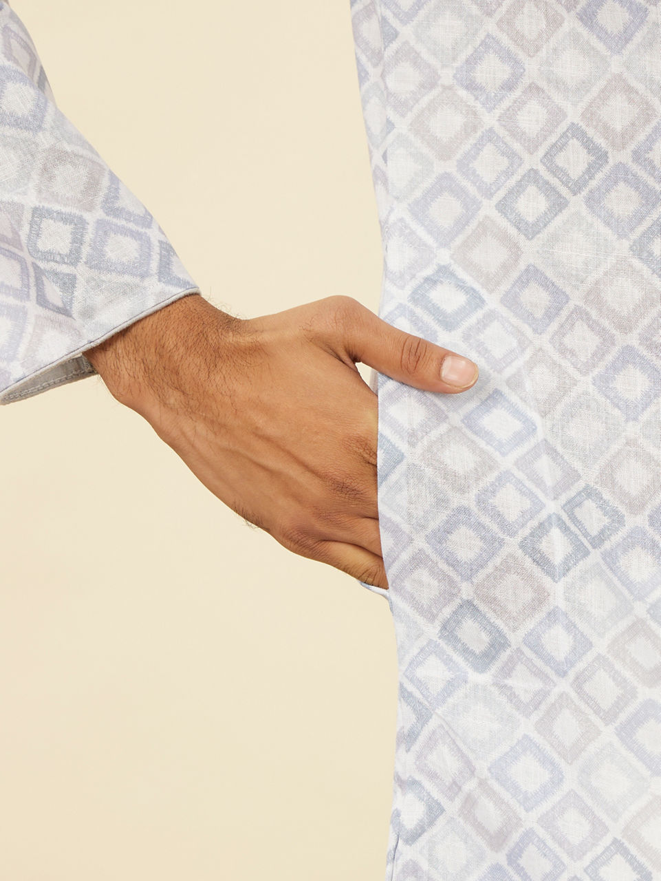 Manyavar Men Light Grey Geometric Patterned Angrakha Style Kurta