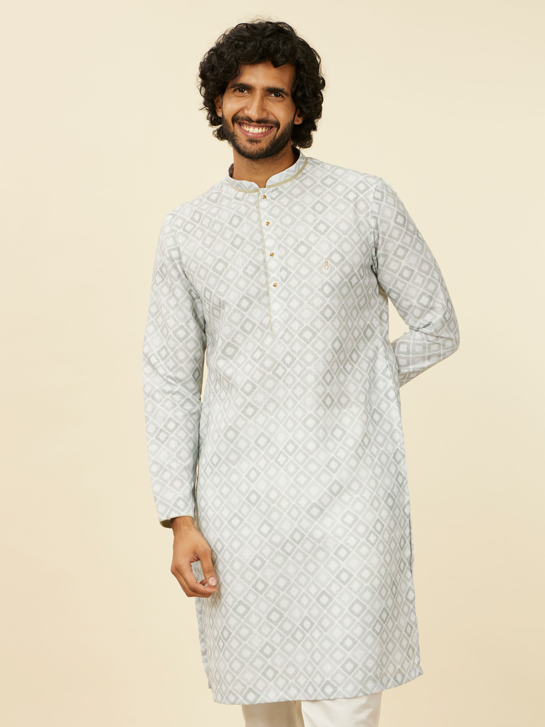 Manyavar Men Light Mid Green Geometric Patterned Angrakha Style Kurta