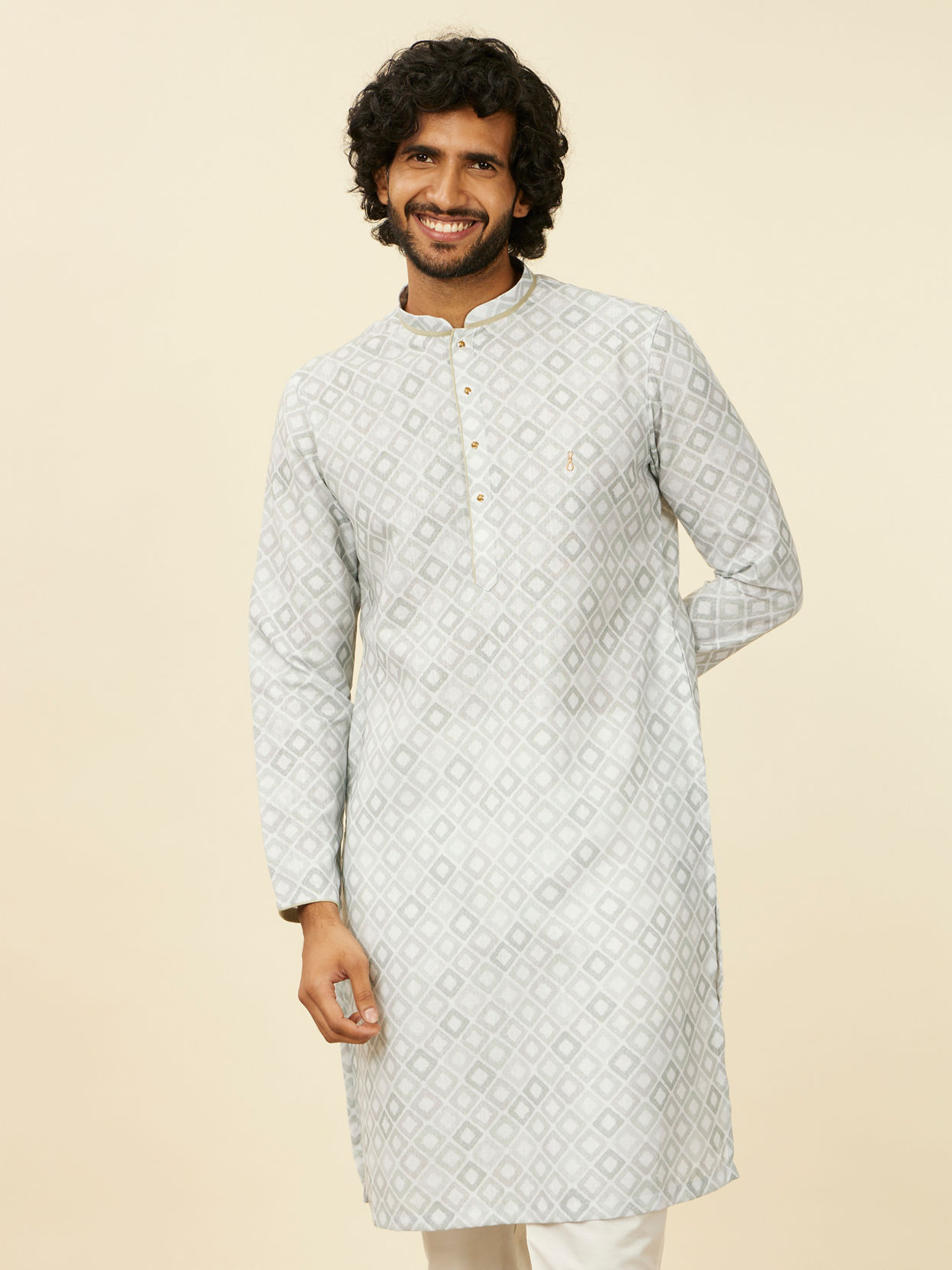 alt message - Manyavar Men Light Mid Green Geometric Patterned Angrakha Style Kurta image number 0