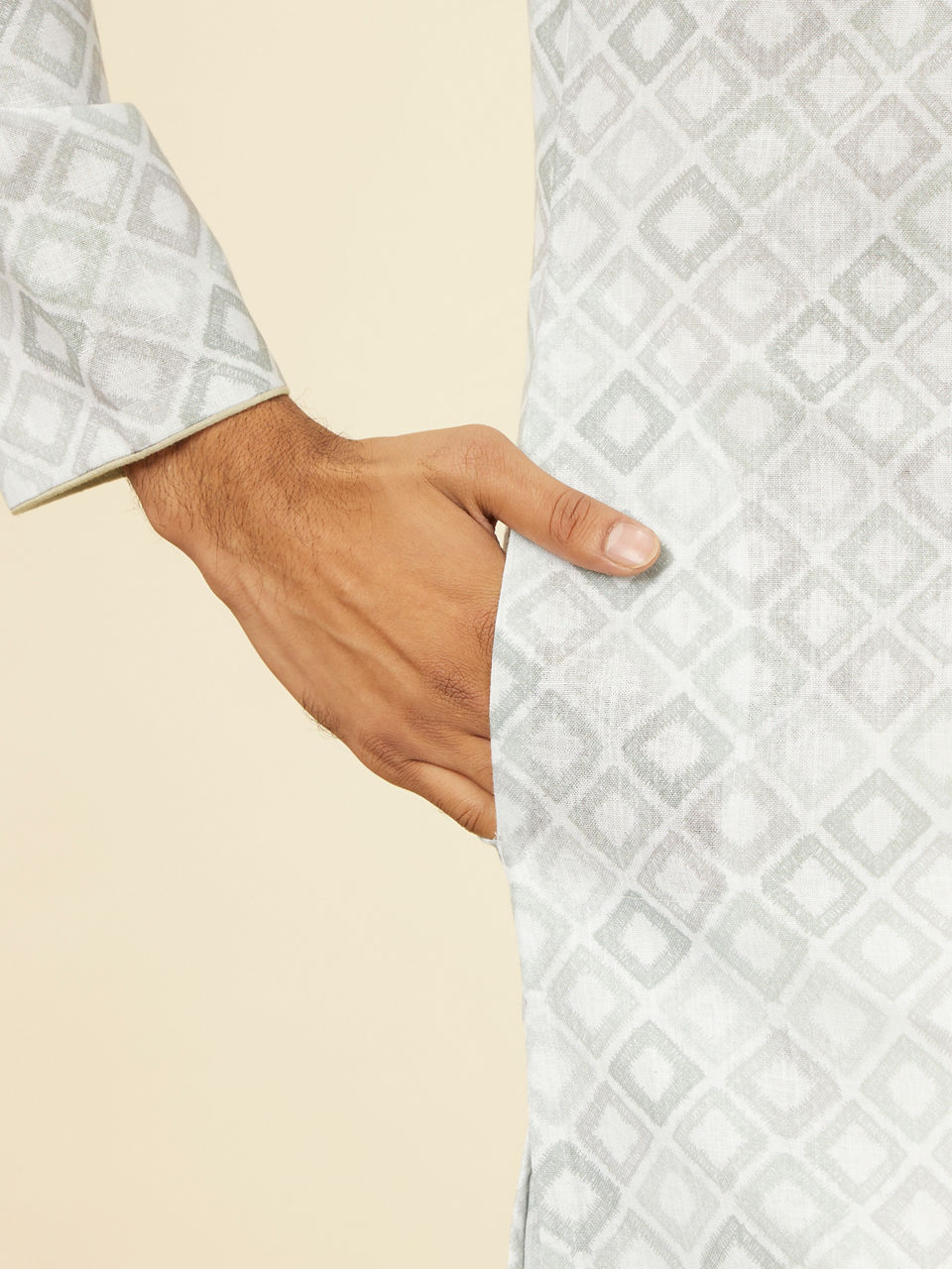 Manyavar Men Light Mid Green Geometric Patterned Angrakha Style Kurta