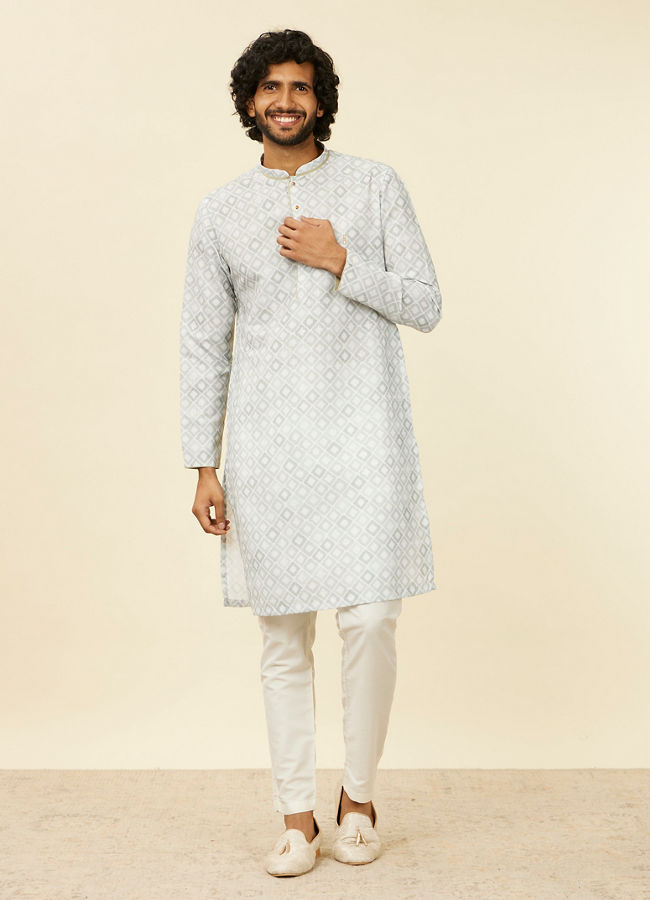 Manyavar Men Light Mid Green Geometric Patterned Angrakha Style Kurta