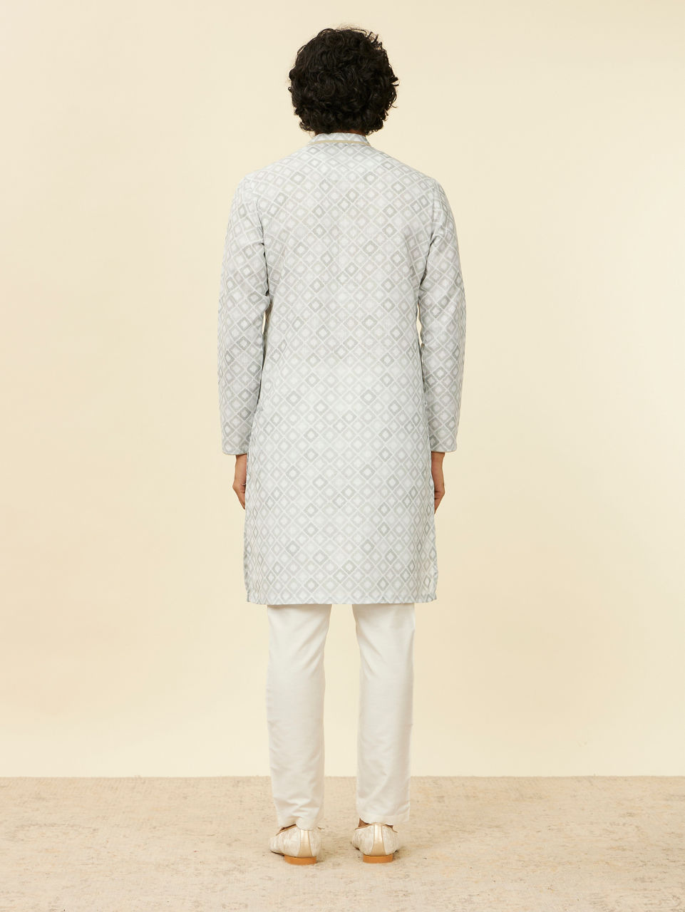 Manyavar Men Light Mid Green Geometric Patterned Angrakha Style Kurta