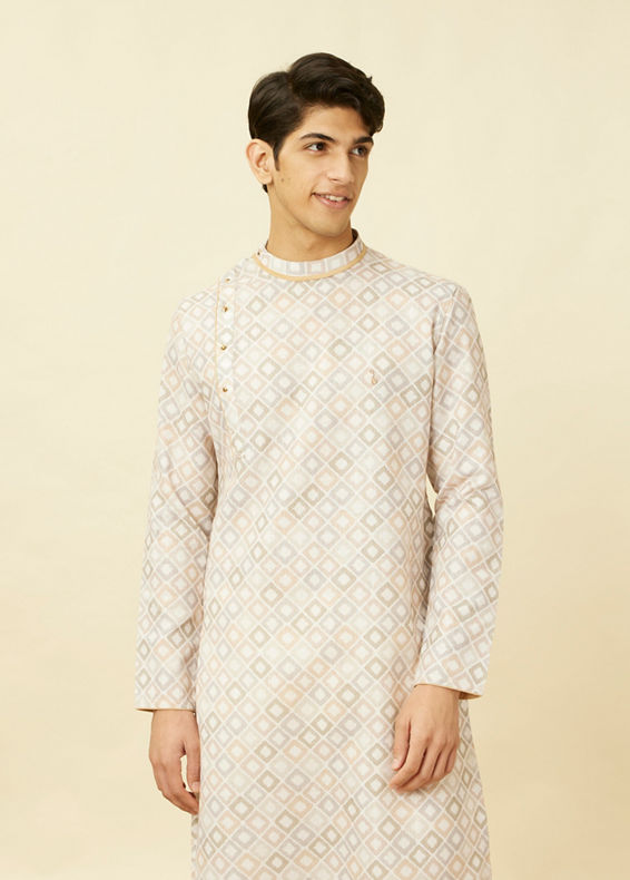 Manyavar Men Bright White Diamond Printed Kurta