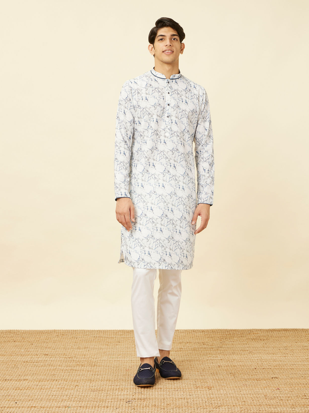 Manyavar Men Winter White Marble Printed Kurta