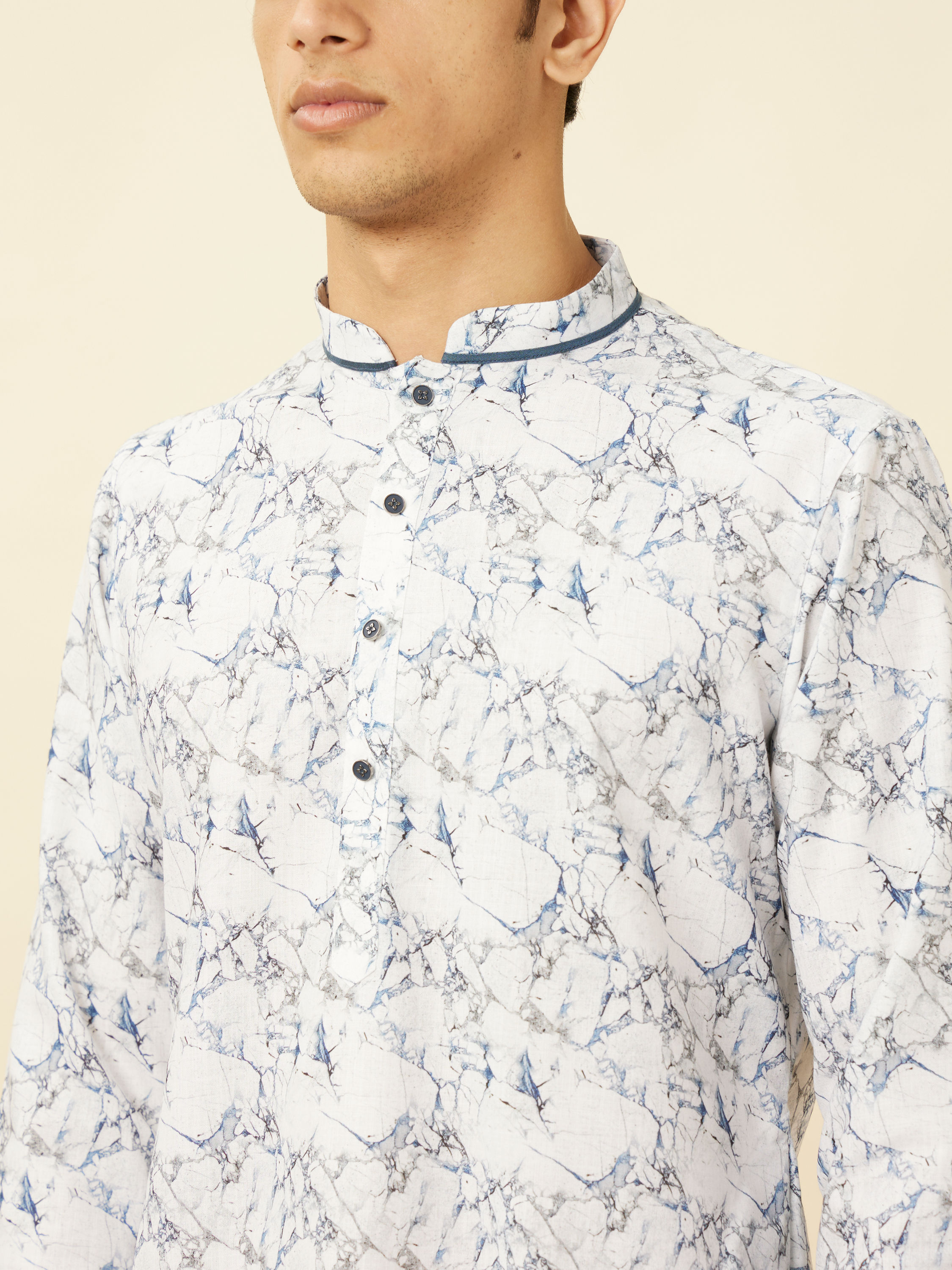 Manyavar Men Winter White Marble Printed Kurta