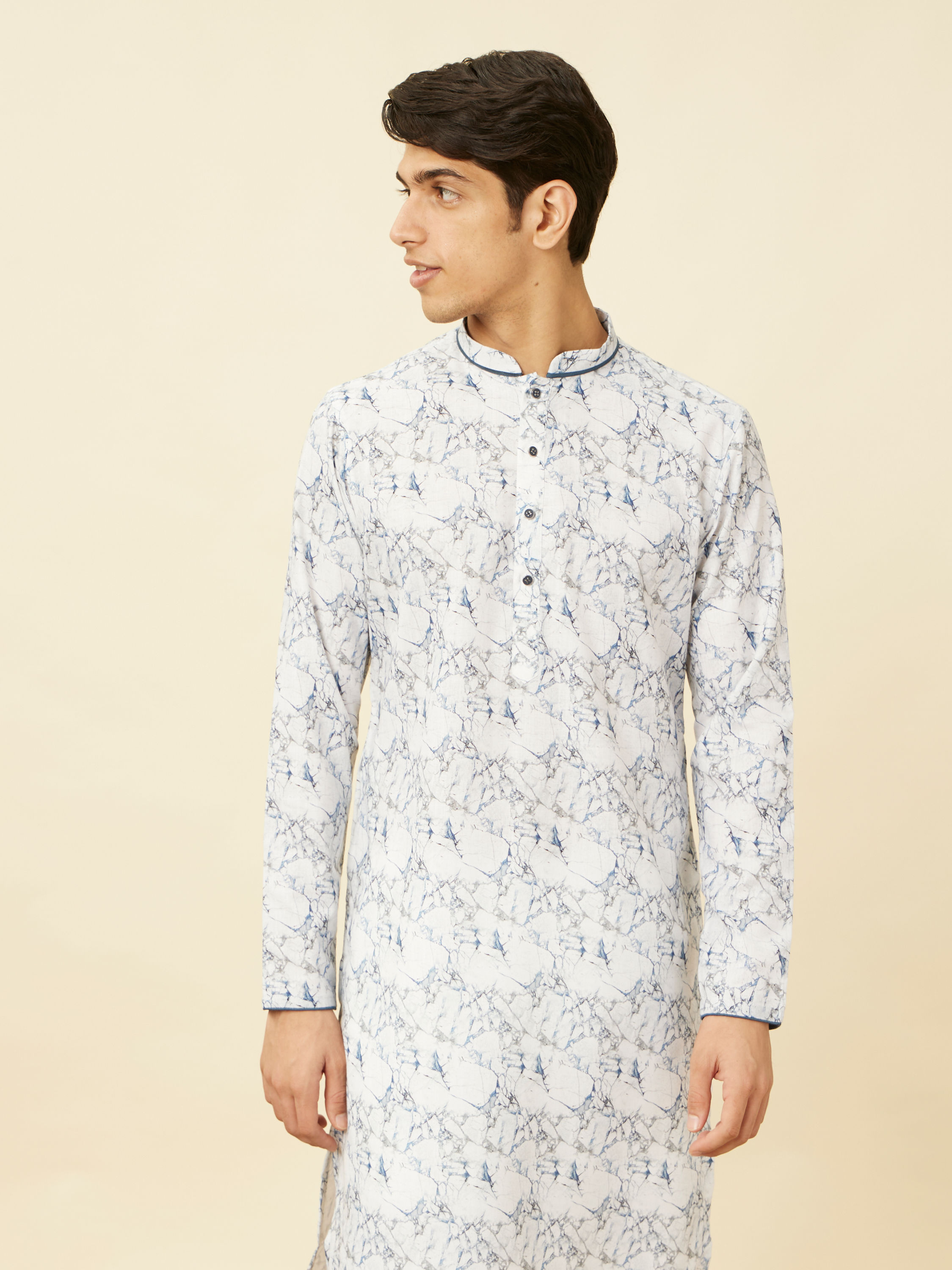 Manyavar Men Winter White Marble Printed Kurta
