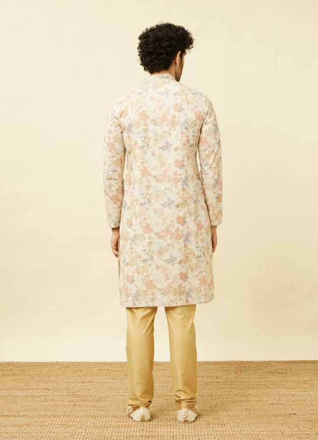 Manyavar Men Pearled Ivory White Floral Printed Kurta