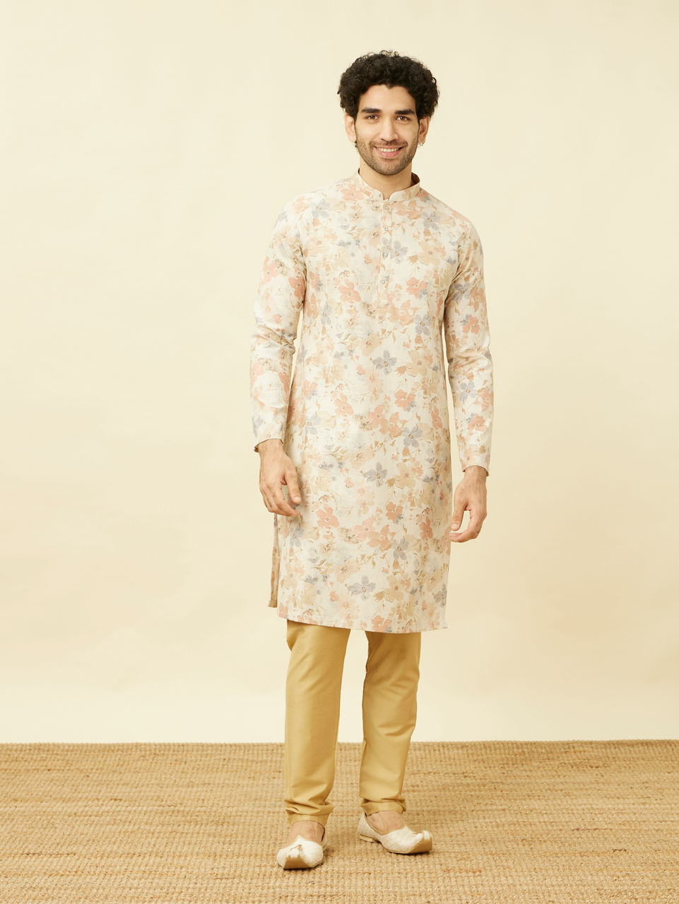 Manyavar Men Pearled Ivory White Floral Printed Kurta