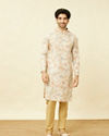 Manyavar Men Pearled Ivory White Floral Printed Kurta
