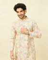 alt message - Manyavar Men Pearled Ivory White Floral Printed Kurta image number 0