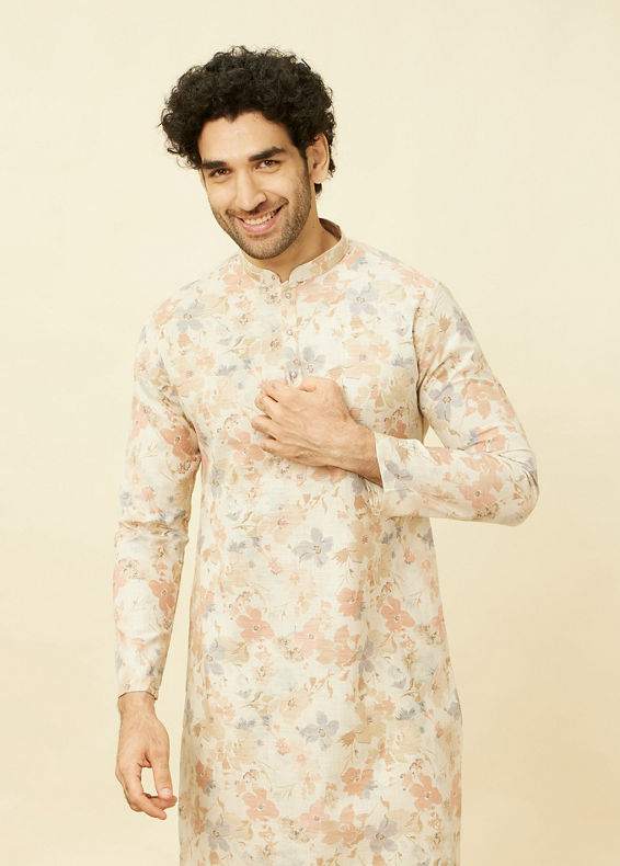 Manyavar Men Pearled Ivory White Floral Printed Kurta