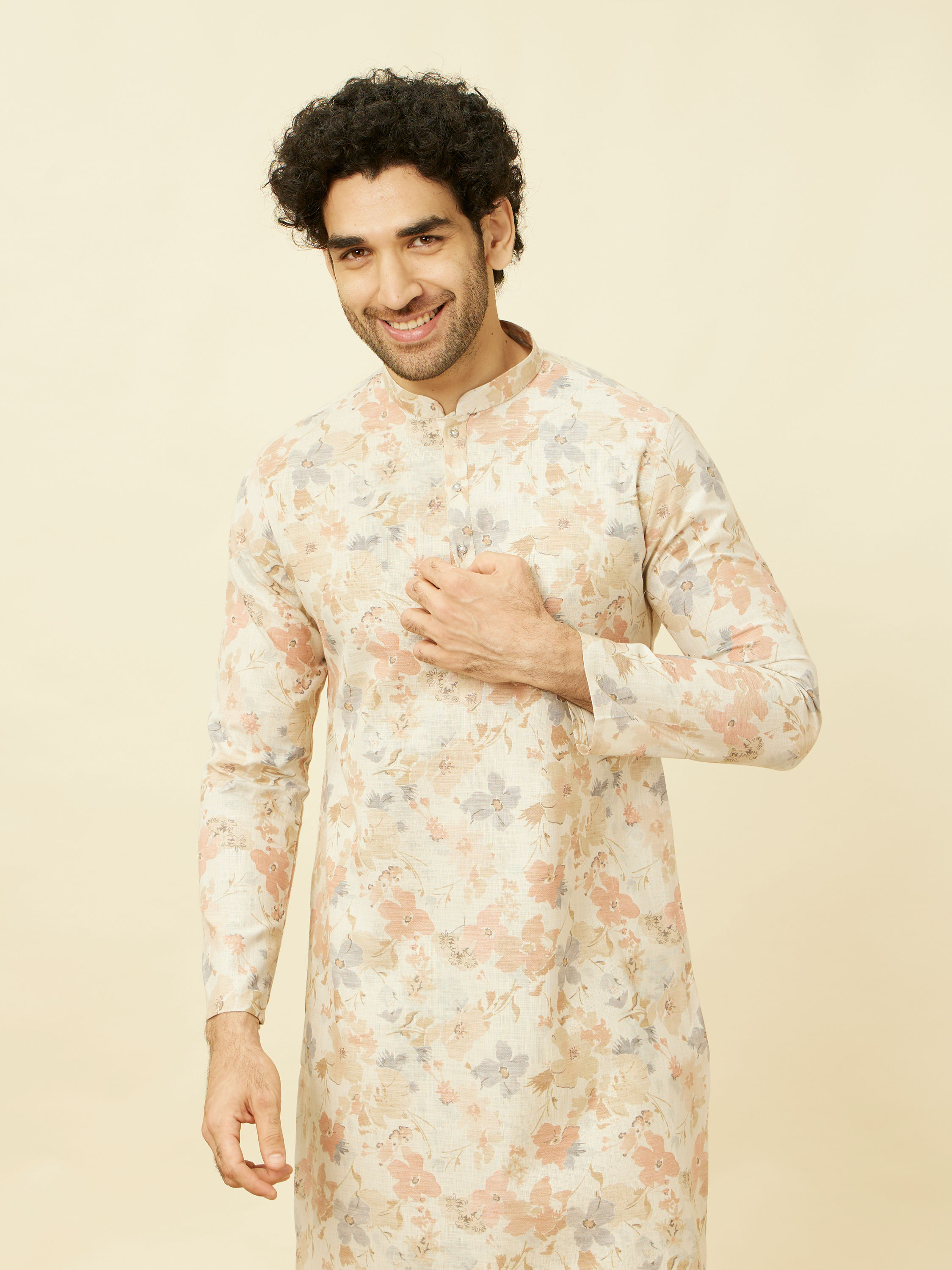 Manyavar Men Pearled Ivory White Floral Printed Kurta