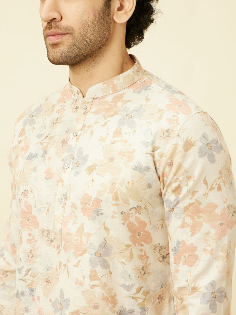 Manyavar Men Pearled Ivory White Floral Printed Kurta