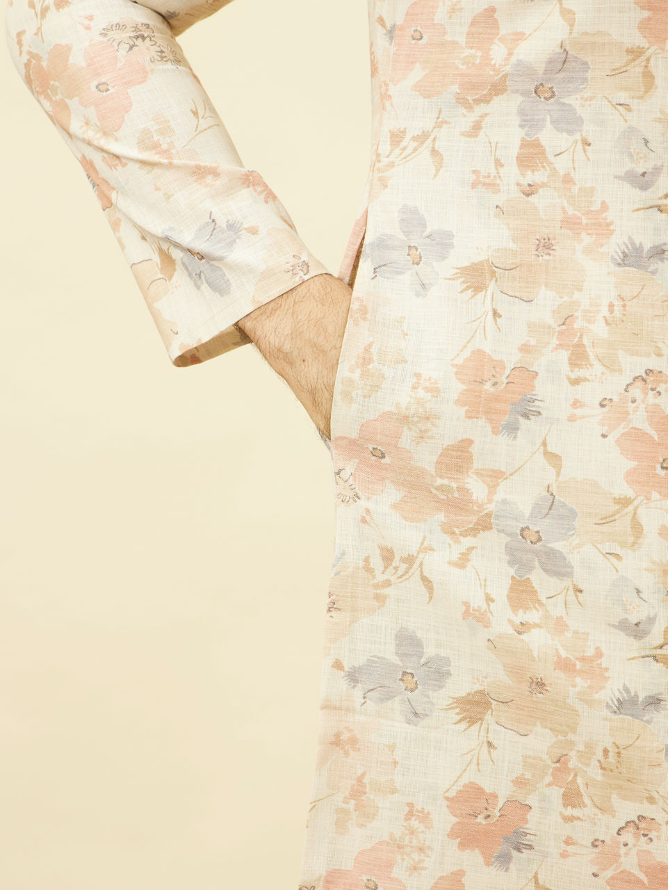 Manyavar Men Pearled Ivory White Floral Printed Kurta