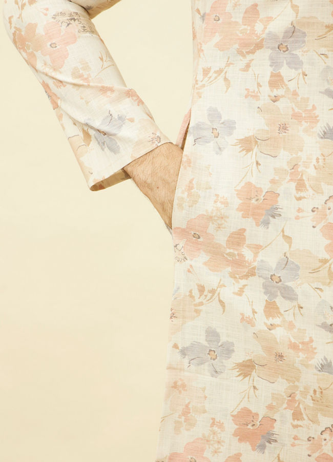 Manyavar Men Pearled Ivory White Floral Printed Kurta