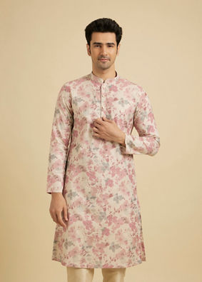 Manyavar Men Elegant Pink Linen Kurta image number 0