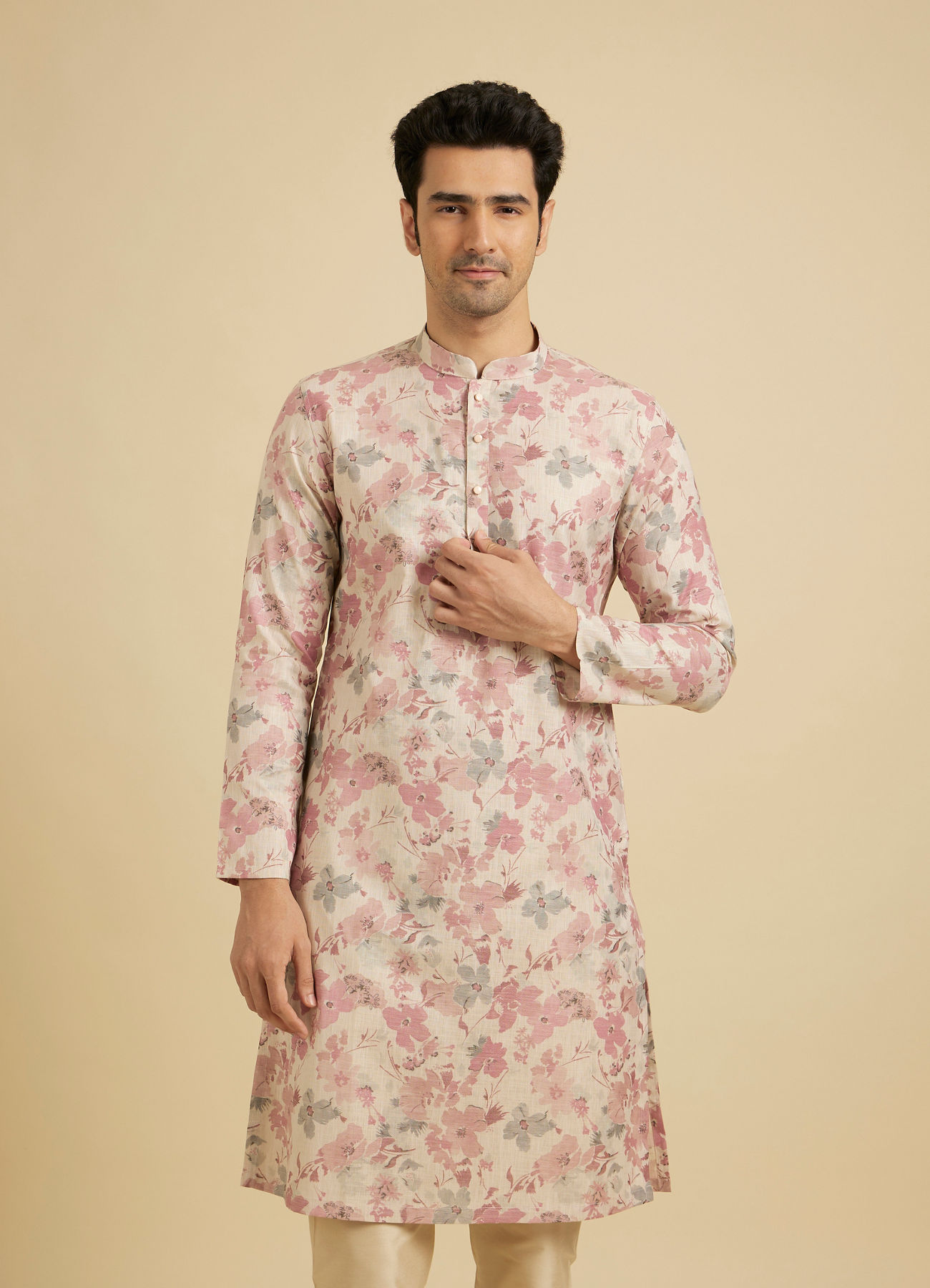 Manyavar Men Elegant Pink Linen Kurta