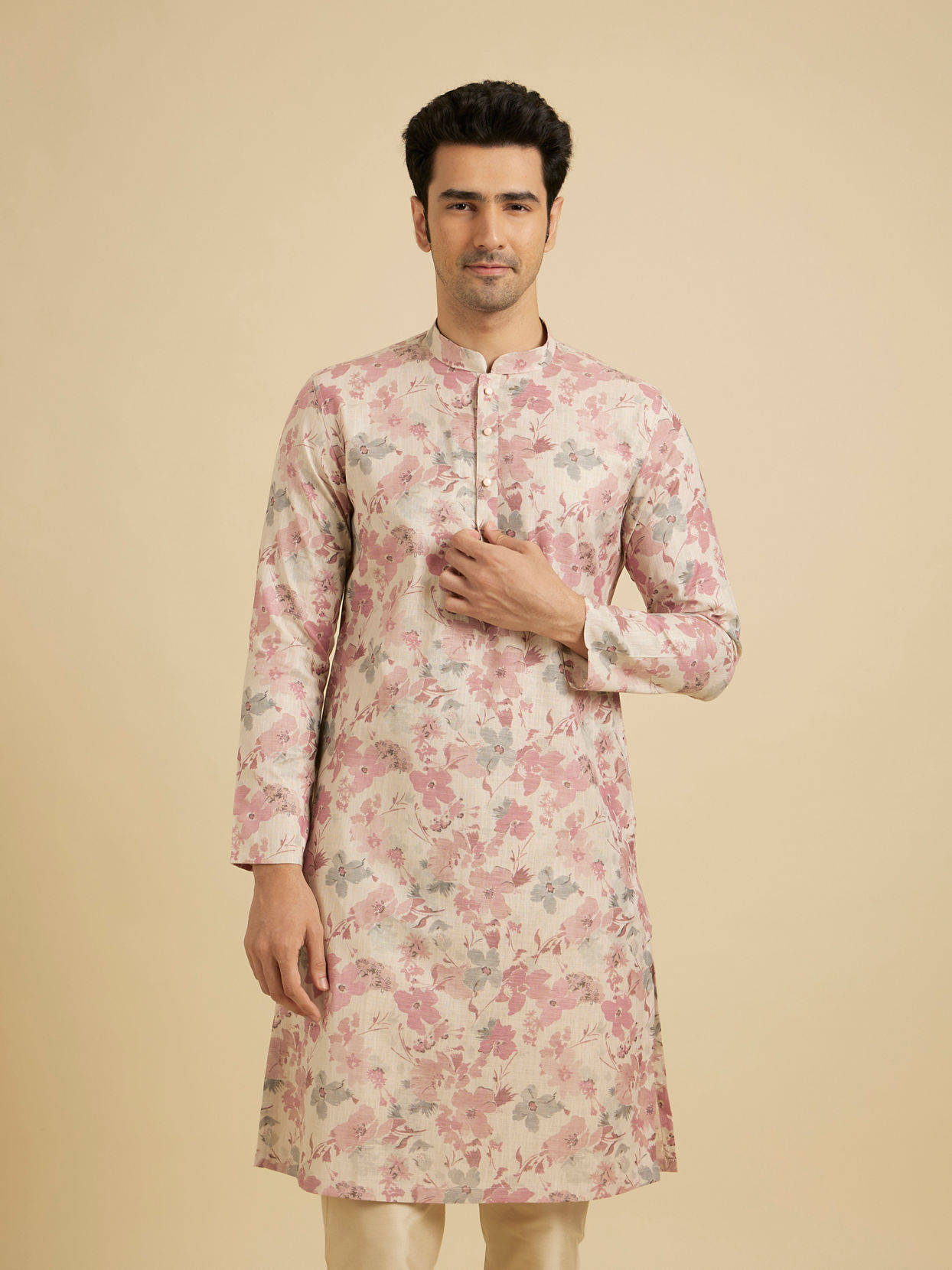 Manyavar Men Elegant Pink Linen Kurta image number 0