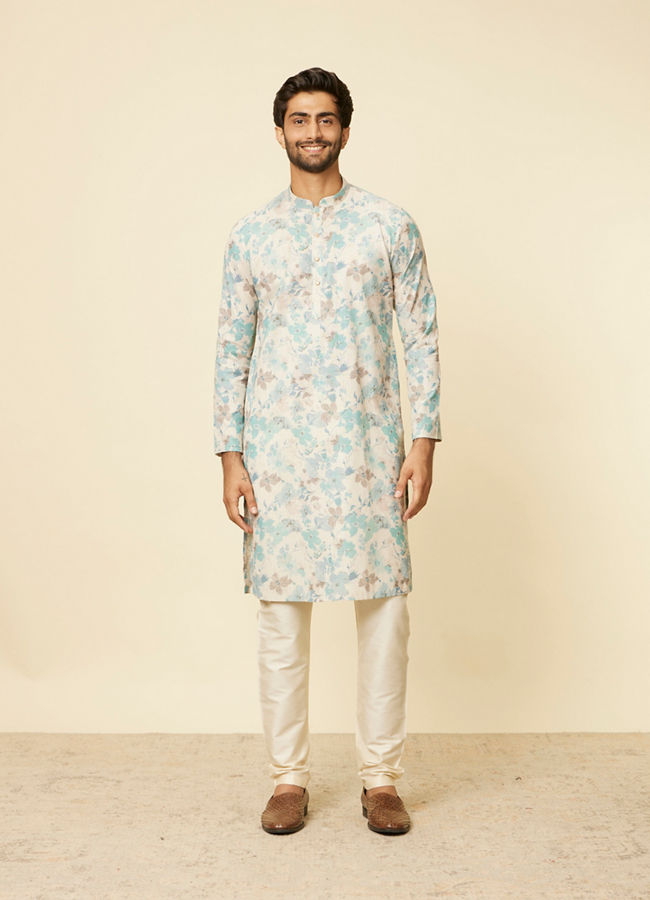 alt message - Manyavar Men Aqua Green Floral Printed Kurta image number 2