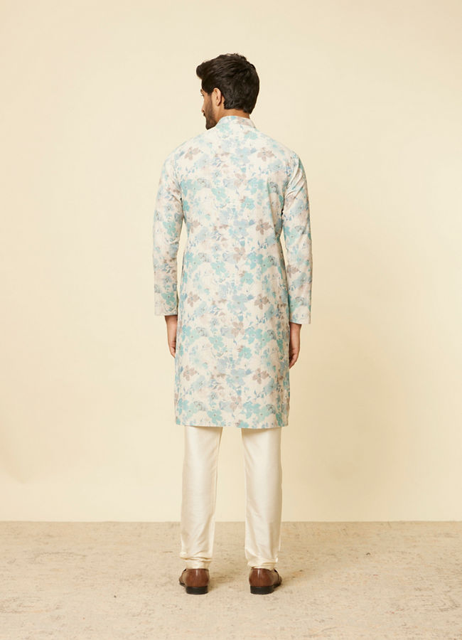 alt message - Manyavar Men Aqua Green Floral Printed Kurta image number 4