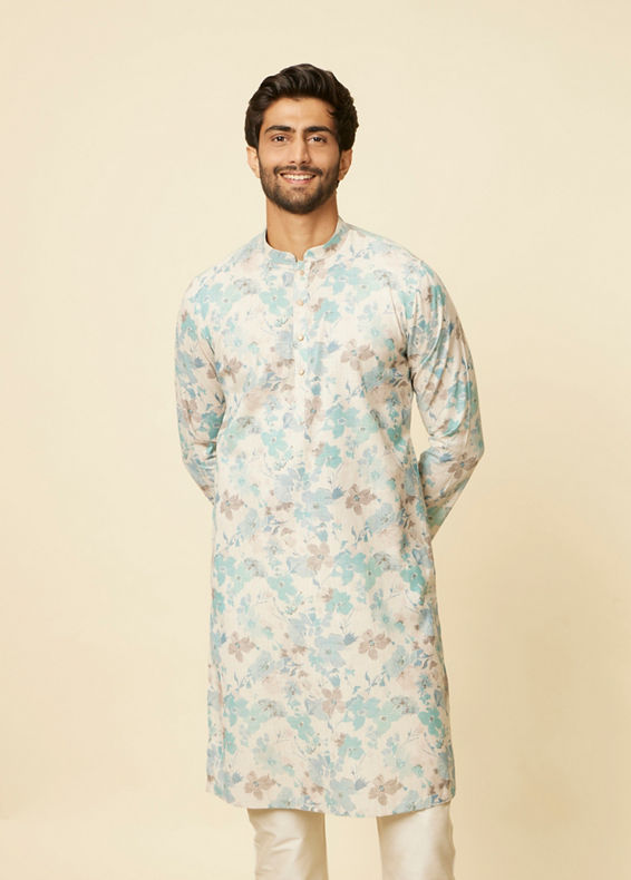 Manyavar Men Aqua Green Floral Printed Kurta