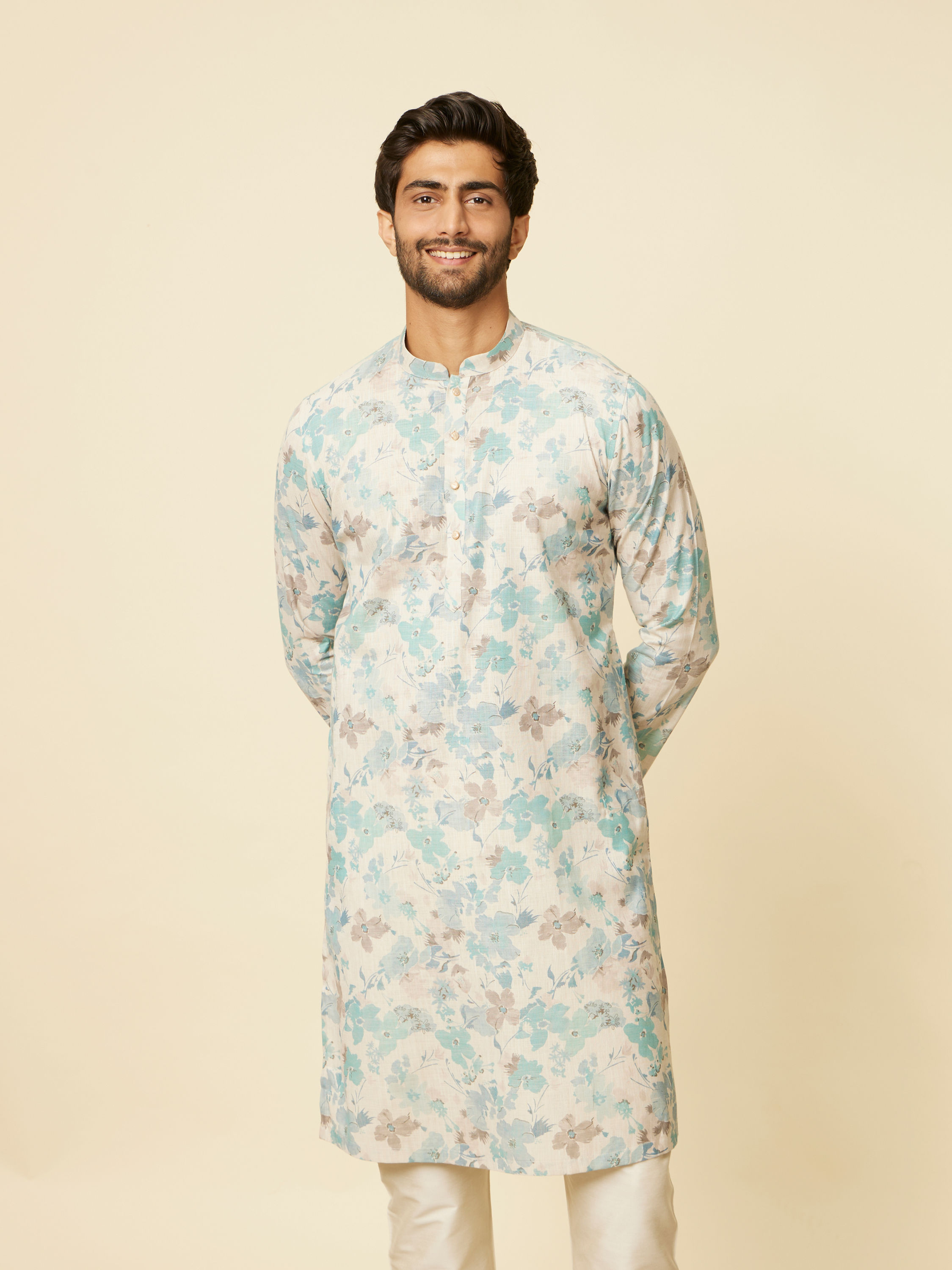 Manyavar Men Aqua Green Floral Printed Kurta