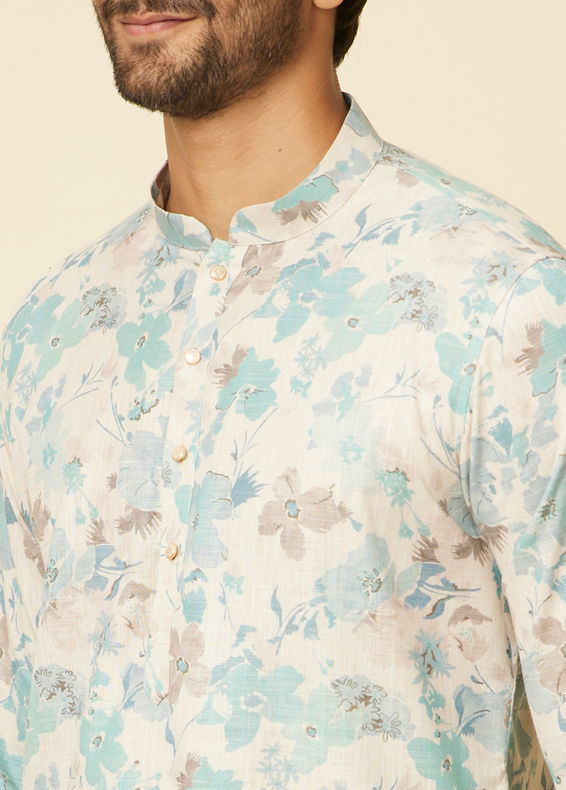 Manyavar Men Aqua Green Floral Printed Kurta