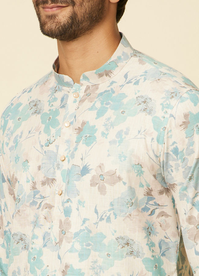 Manyavar Men Aqua Green Floral Printed Kurta