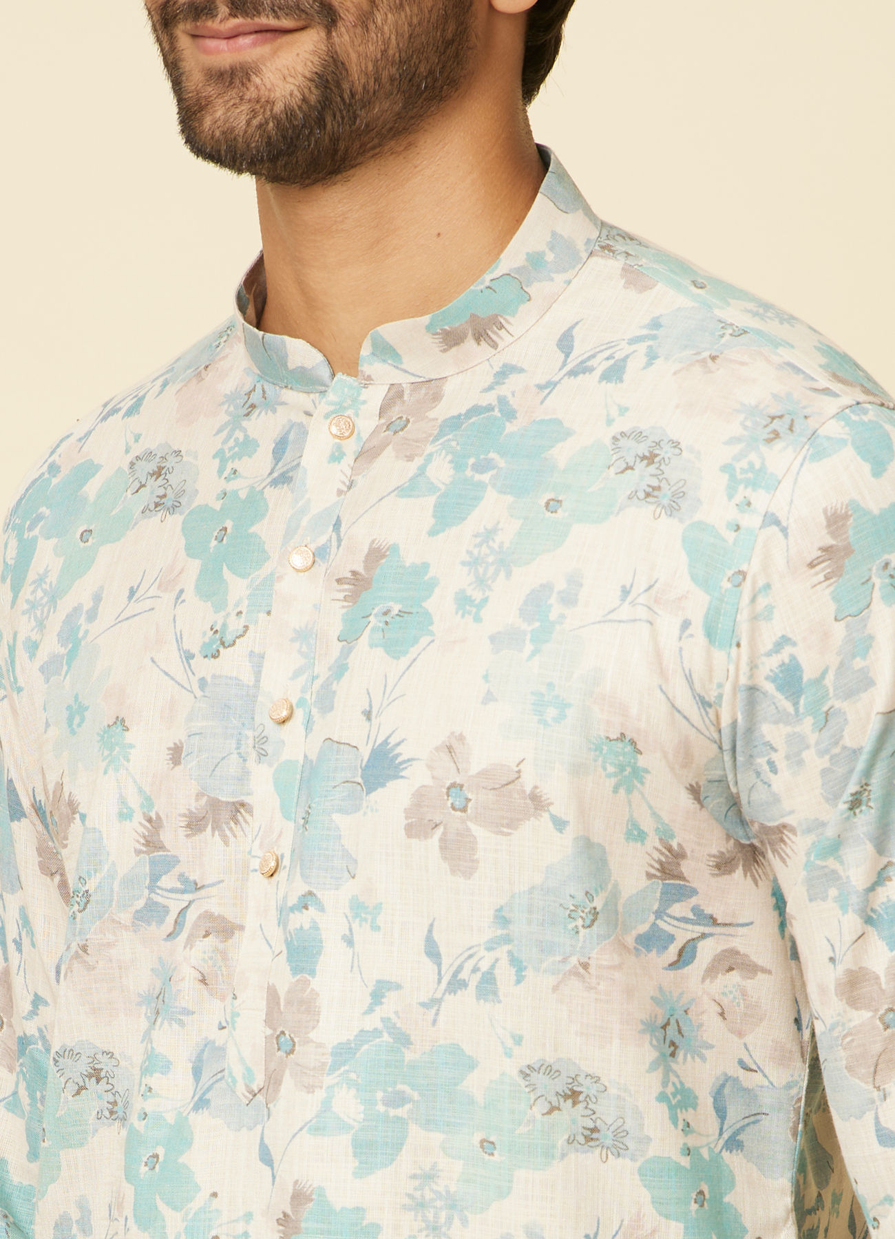 Manyavar Men Aqua Green Floral Printed Kurta