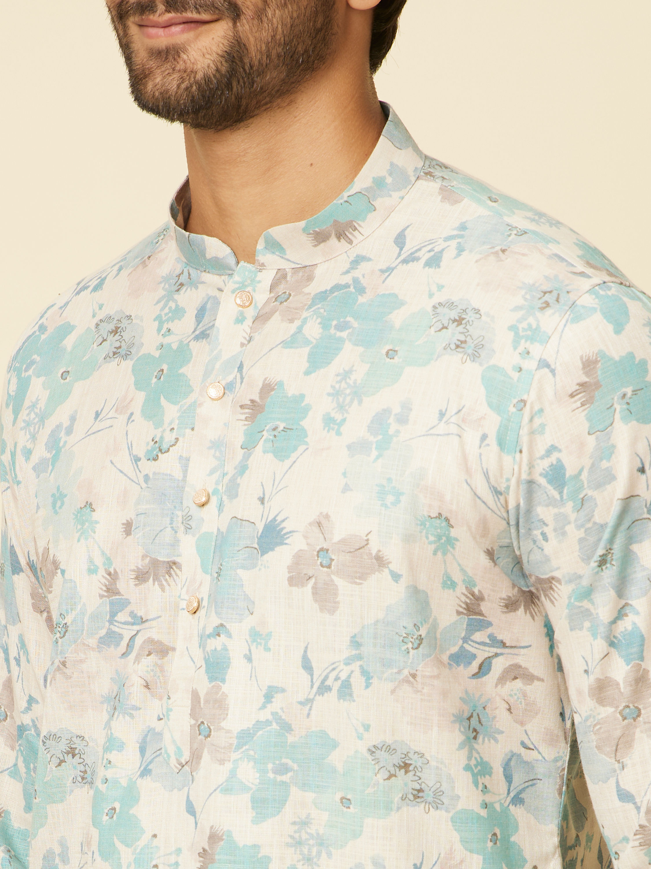 Manyavar Men Aqua Green Floral Printed Kurta