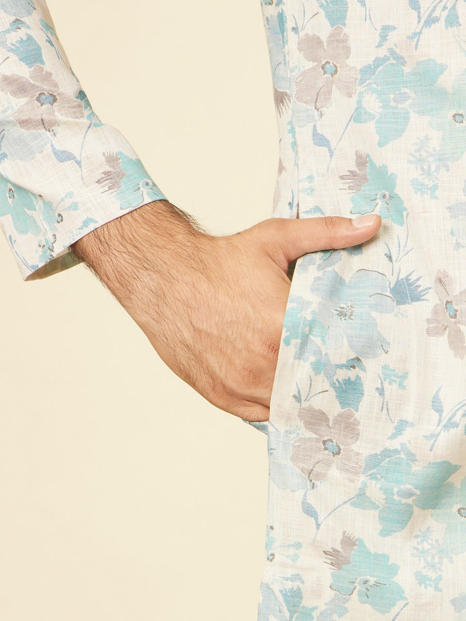 Manyavar Men Aqua Green Floral Printed Kurta