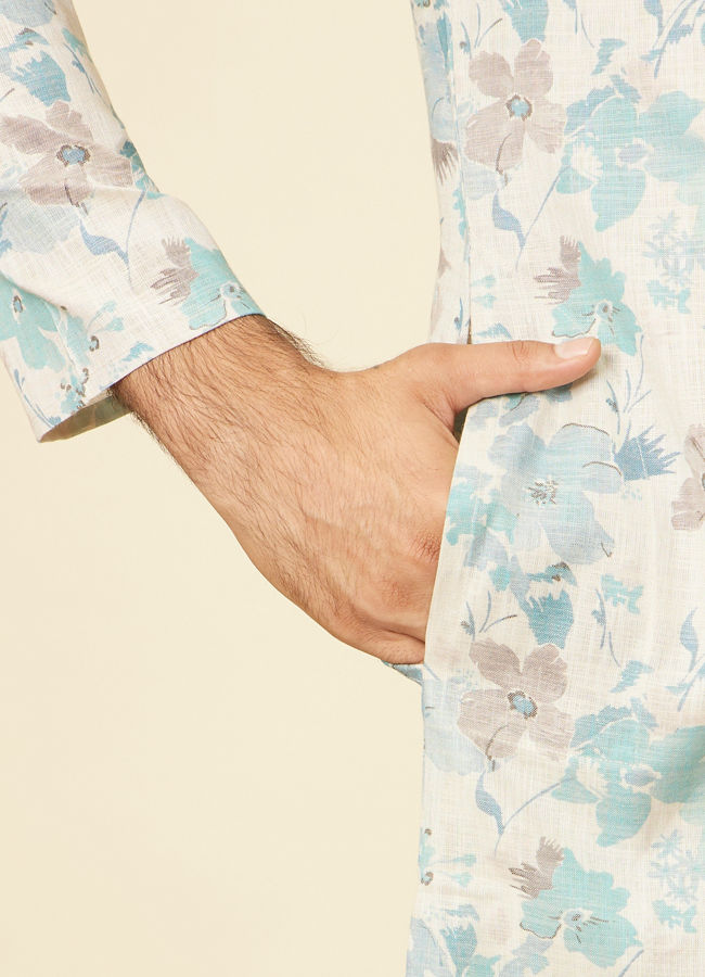Manyavar Men Aqua Green Floral Printed Kurta