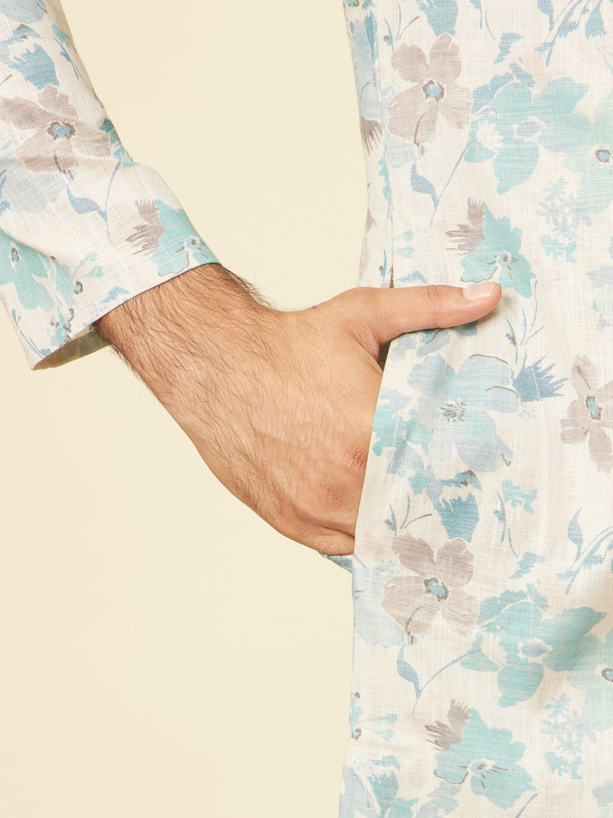 Manyavar Men Aqua Green Floral Printed Kurta