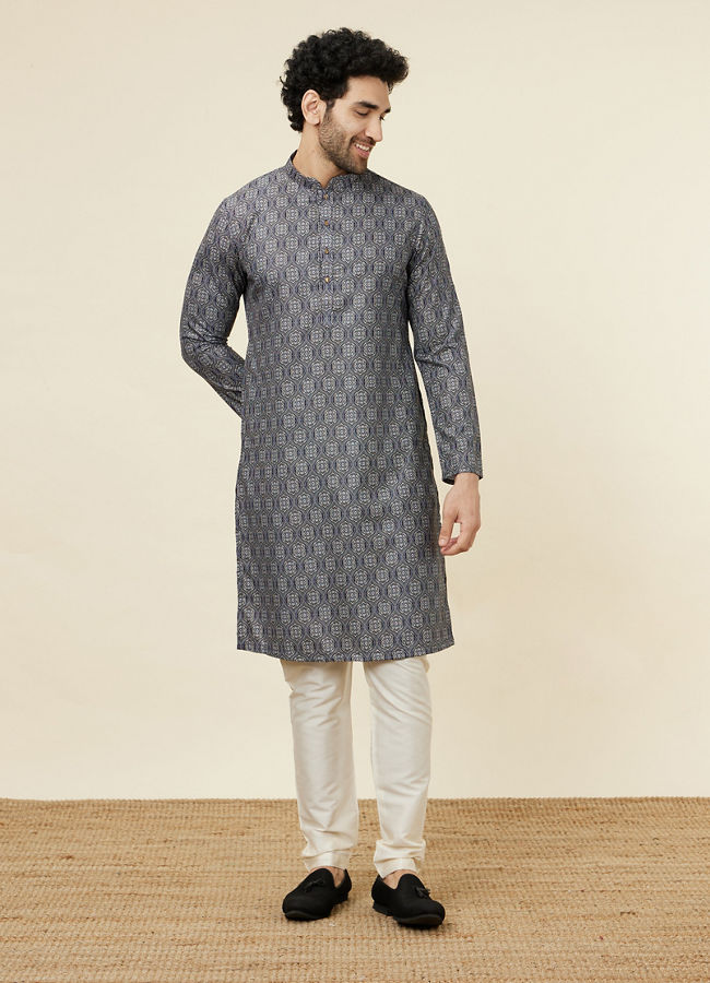 Manyavar Men Steel Blue Ogee Patterned Kurta