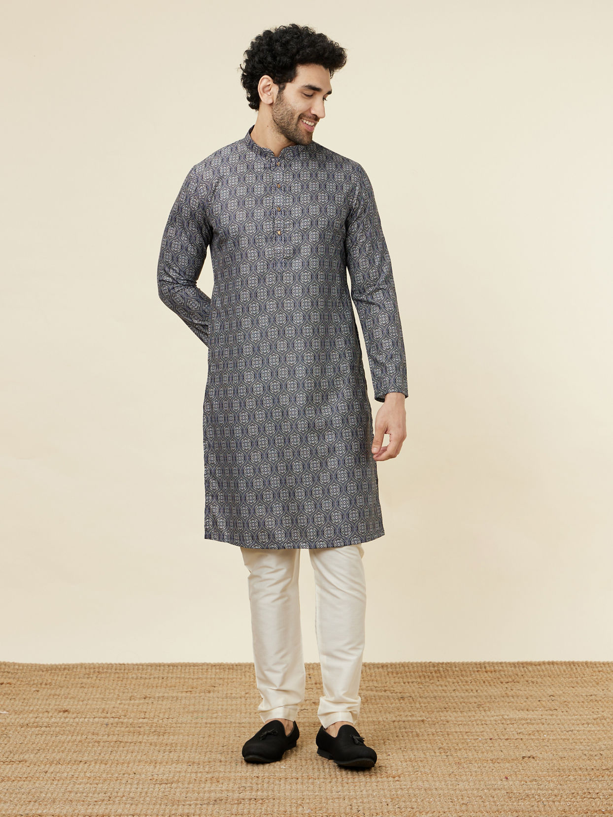Manyavar Men Steel Blue Ogee Patterned Kurta
