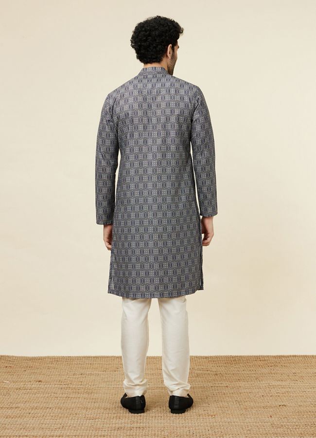 Manyavar Men Steel Blue Ogee Patterned Kurta