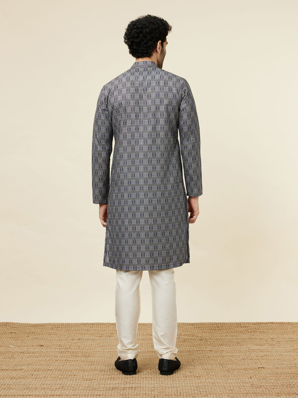 Manyavar Men Steel Blue Ogee Patterned Kurta